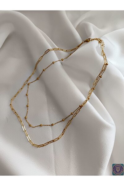 uyguntakıaksesuar قلادة من الفولاذ الذهبي بطبقتين - موديل أنيق لا يفقد لونه