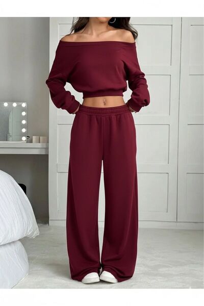 Machetta Women's Boat Neck Sweatshirt Sweatpants Double Bottom Top Set