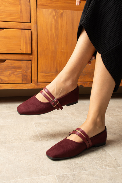 Parparastil Gracy Burgundy Women's Suede Buckle Ballerina Square Toe Elegant Flat Sole Casual Shoes