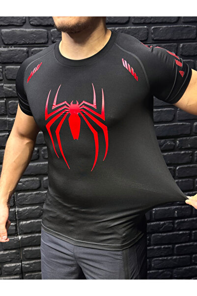YHM Detaylı Siyah Compression Tişört – Örümcek Baskılı ve Baskılı Kollar