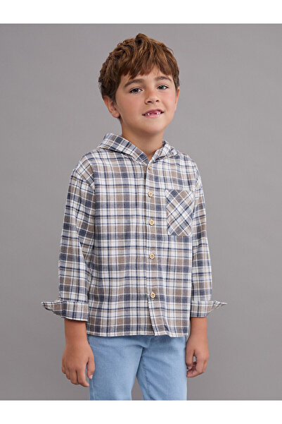 LC Waikiki Hooded Shirt for Boys in Flannel with Check Pattern