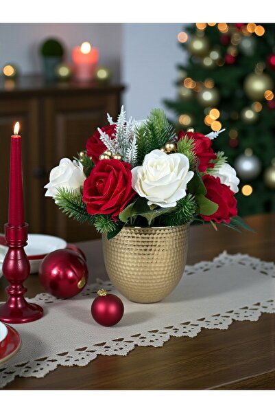 NEŞELİ ÇİÇEKLER زهرة اصطناعية لتزيين طاولة عيد الميلاد، مزهرية معدنية ذهبية مزخرفة 30 سم، زينة منزلية لتزيين سطح الطاولة