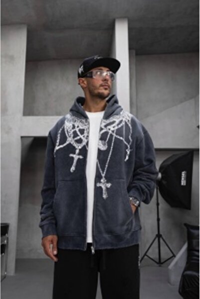 Black Island OVERSIZED ANTHRACITE CROSS HOODIE HNBLACK1(1948)