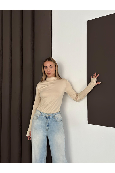 RDK Giyim Women's Beige Finger Detailed Bodysuit