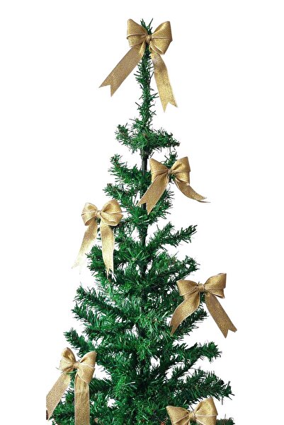 MODA NUR 8Pcs Yellow, Glitter Christmas Pine Tree Bow Ribbon New Year Christmas Party Decoration Ornaments