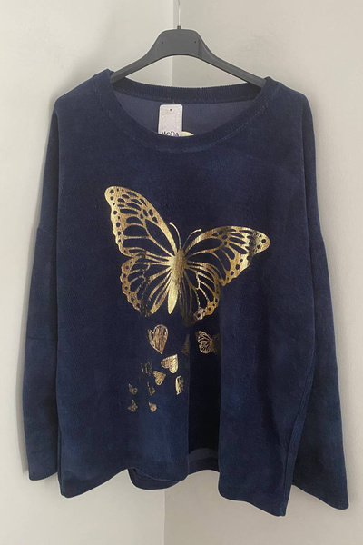 AYASOFYA OTANTIK Bluză din catifea cu mânecă lungă, largi, cu mânecă lungă, pentru femei, albastru bleumarin, cu fluture aurit, cu imprimeu