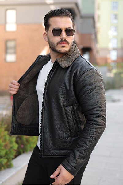 MODAEMAS معطف جلدي للرجال مع تفاصيل من الفرو على ياقة
