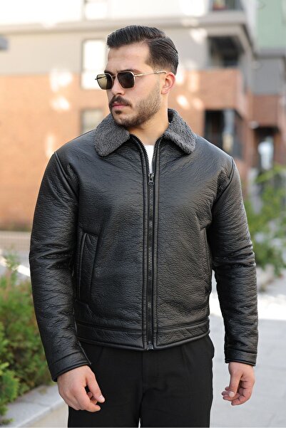 MODAEMAS Чоловічий шкіряний піджак з хутряним коміром