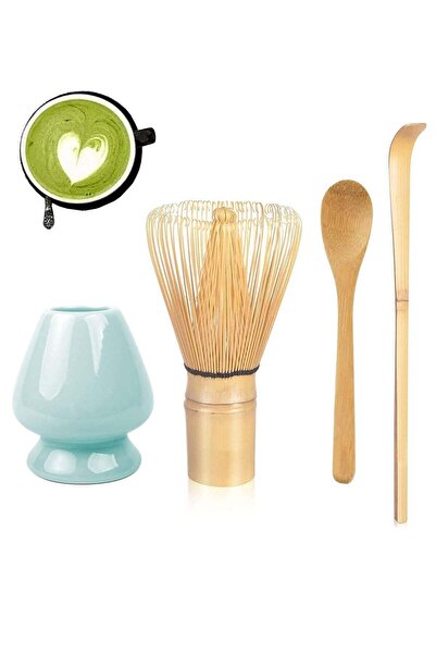 Hihonor Matcha Whisk Set - Bamboo Matcha Whisk (Chasen), Scoop, Spoon, Holder (Blue)