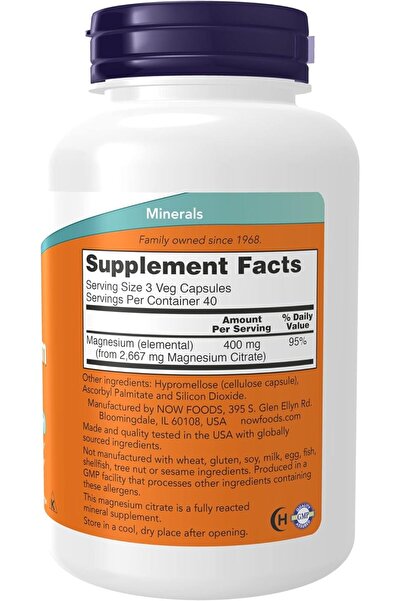 Now Foods Magnesium Citrate Capsules, 400 mg, 120-Count