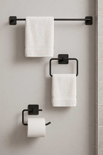 EGE HOME STORE حامل مناشف أسود طويل لاصق، حامل مناشف مربع، حامل مناشف للحمام، حامل ورق تواليت، طقم حمام من 3 قطع