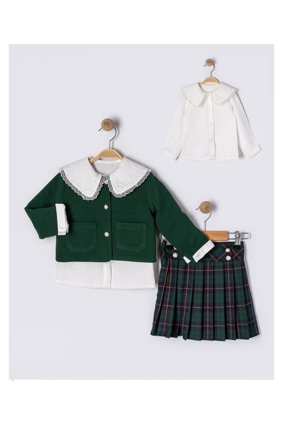 PARK BEBE Girls' Plaid Skirt Shirt Cardigan Set 3 Pieces