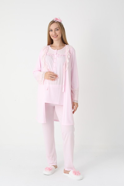 EM&FA TEKSTİL طقم بيجامة للحوامل مع ثوب صباحي