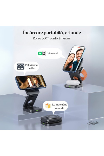 kaylia Încărcător Wireless 3 în 1 Portabil – Telefon, Căști, Tabletă, 15W, Magnetic
