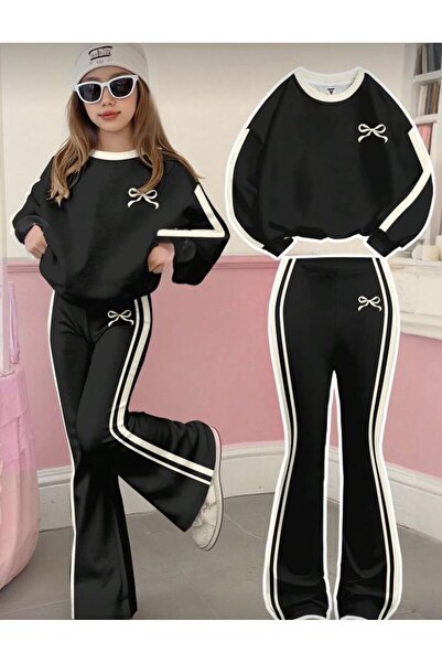 Machetta Girl's Ribbon Print Crew Neck Sweatshirt Flared Tracksuit Set