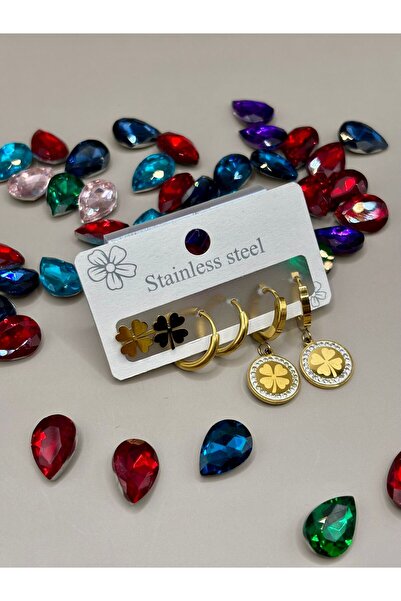 aurora dükkan Çelik Gold Yoncalı Çoklu Küpe