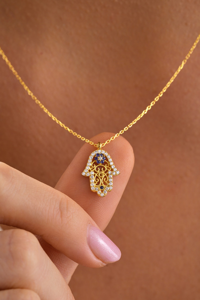 ESSARE 925 Ayar Gümüş Gold Kaplama Fatma Ana Eli Kolye