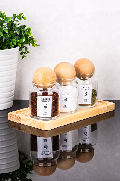 DNS HOME 3-Piece Glass Jar with Wooden Ball Lid, Salt and Pepper Shaker Set with Wooden Stand and Labels, Jar Set 300 ml