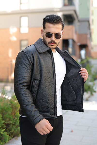 MODAEMAS Чоловічий шкіряний піджак з хутряним коміром