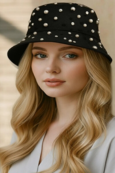 CAŞ DEKORASYON Black Color Pearl Design Hat