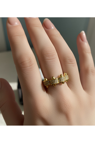 BANEDETTA Trend Dorika and Stone Detailed Crown Steel Ring Gold Color Adjustable New Season Ring