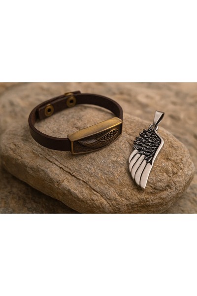 voyageaccessory Stainless Steel Angel Wing Necklace and Wing Pendant and Leather Bracelet (Set of 2)