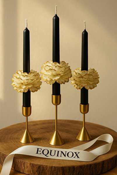 EQUINOX MUM Equinox (SADECE MUM) 3lü Siyah Şamdan Mumunda Gold ışıltılı Şakay...