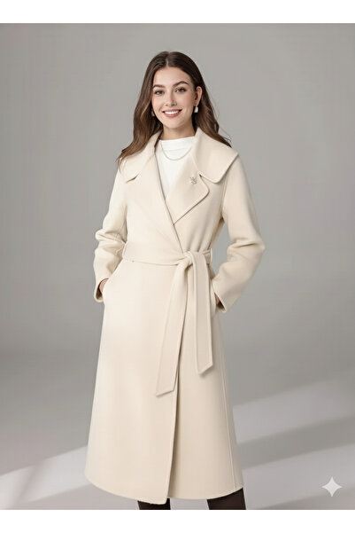 beeke Women's Long Cashmere Wool Coat Cream Belted Pocket Detail Winter Coat New Season Beeke-5461