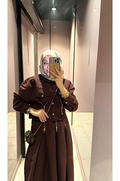 merve ada design ÖZEL TASARIM FERMUAR DETAYLI GÖMLEK ETEKLİ GABARDİN 2'Lİ TAKIM- KAHVE