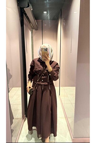 merve ada design ÖZEL TASARIM FERMUAR DETAYLI GÖMLEK ETEKLİ GABARDİN 2'Lİ TAKIM- KAHVE