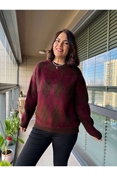 Elif Özbey Butik Bordo Kahverengi Baklava Desenli Kazak