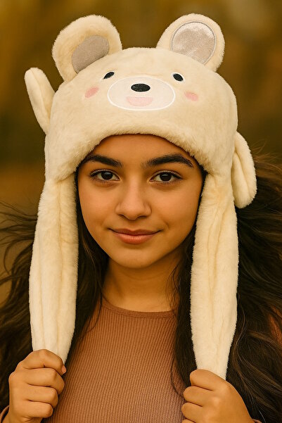 CAŞ DEKORASYON Pălărie de ursuleț de pluș cu urechi în mișcare de culoare crem