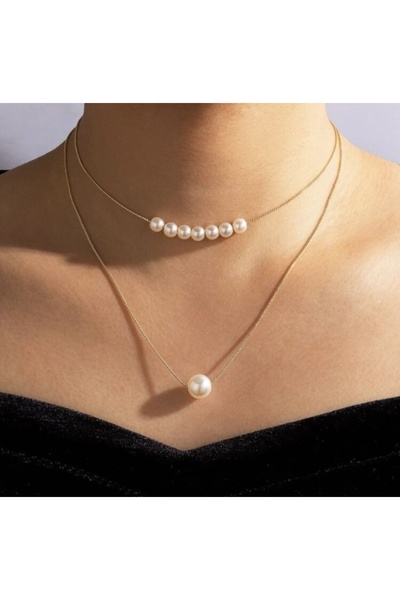 by Natalie قلادة من اللؤلؤ مطلية بالذهب مكونة من قطعتين، بسيطة وأنيقة ولا تفق...