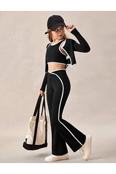 Machetta Girl's Stripe Detail Crop-Cardigan 3-Piece Tracksuit Set