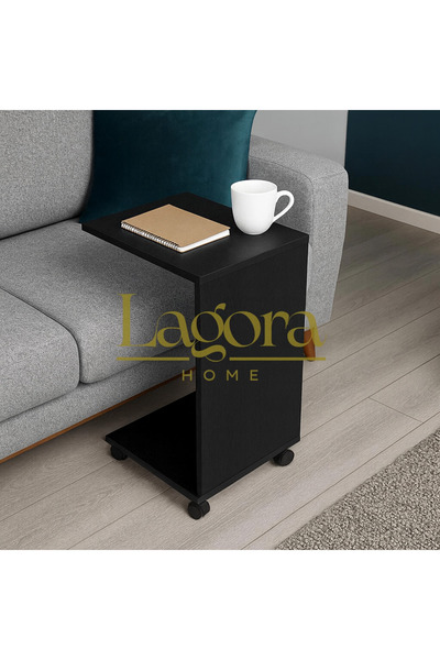 LAGORA Modern C Tipi Tekerlekli Sehpa Ahşap Dokulu Yüzey