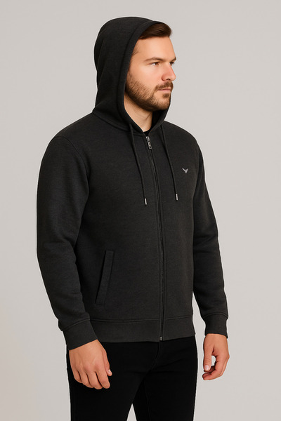 Maccali Men's Long Sleeve Smoked Hooded Zippered Sweatshirt