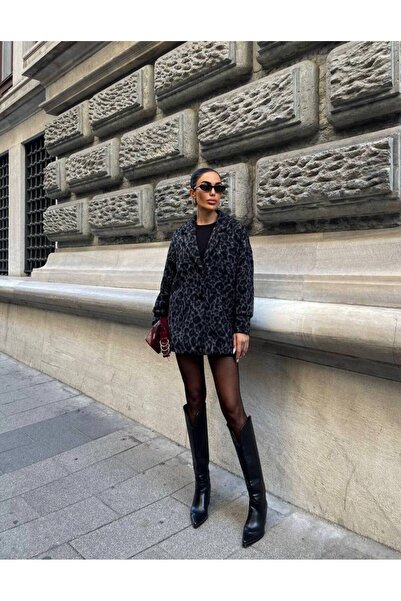 MUZY Kadın Leopar Desenli Kaşe Blazer Ceket - Oversize Kalıp Klasik Düğmeli M...