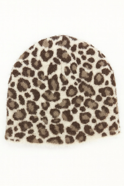 Butik Kadın Yumuşacık Leopar desenli Akrilik Kumaş Saçaklı Tüylü Bere – Sıcak Tutucu Kışlık Şapka