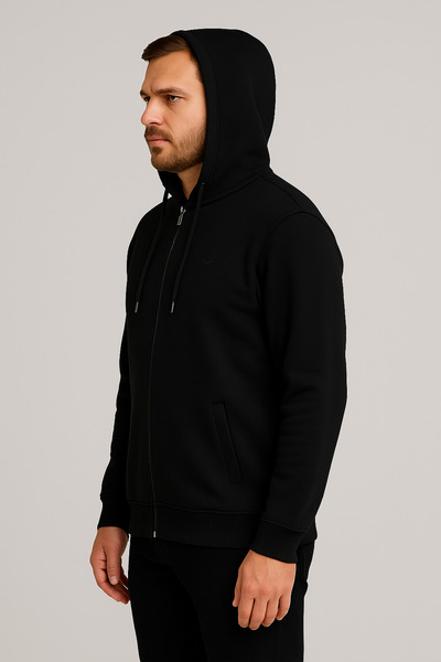 Maccali Men's Long Sleeve Black Hooded Zipper Sweatshirt