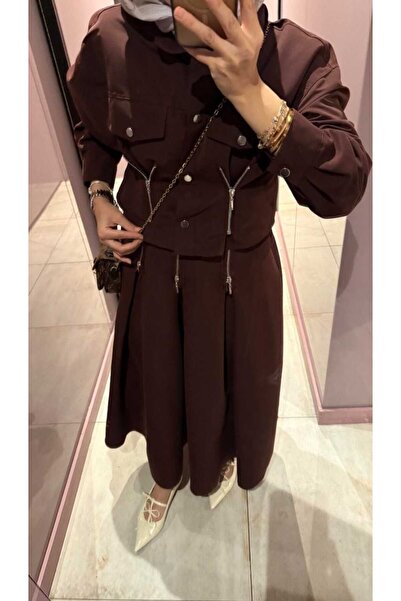 merve ada design ÖZEL TASARIM FERMUAR DETAYLI GÖMLEK ETEKLİ GABARDİN 2'Lİ TAKIM- KAHVE