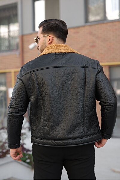 MODAEMAS Men's Leather Coat with Fur Collar Detail