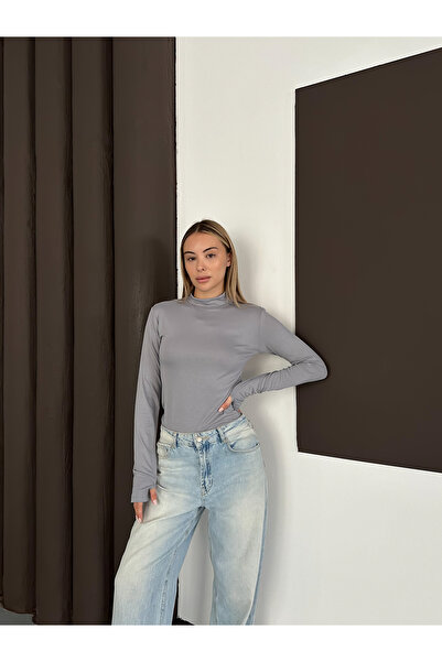 RDK Giyim Kadın Gri Parmak Detaylı Body