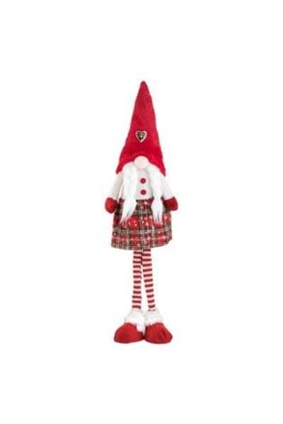 Tessari Christmas Decorative Gnome Figurine with Pigtails, Red Checked Dress & Hat, 55 cm