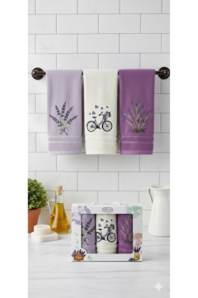 Coton Delux 3'lü Lavanta Desenli Mutfak Havlusu - %100 Pamuklu -30x50 - Kutulu