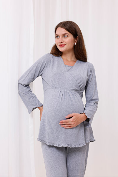 Yulem Homewear Gray Double-Breasted Cotton Long Sleeve Maternity Pajamas Set and Nightgown 4-Piece Set
