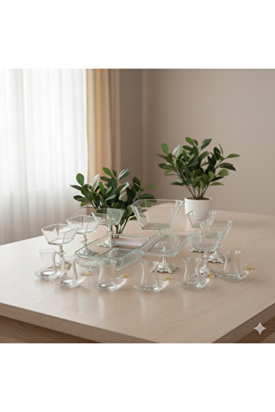 ÇNR Home Collection Paşabahçe Gold Detaylı Metal Ayaklı Sunum & Servis Seti P...