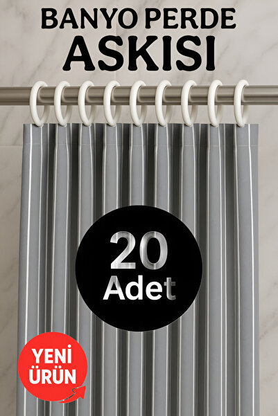 Funny Life Banyo Perdesi Halkası Duş Kancası 20 Adet Duşakabin Perde Askısı