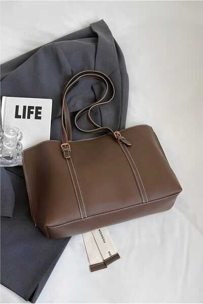 ikosga Large Size Women's Bitter Coffee Shoulder Bag Width 37 cm Length 26 cm