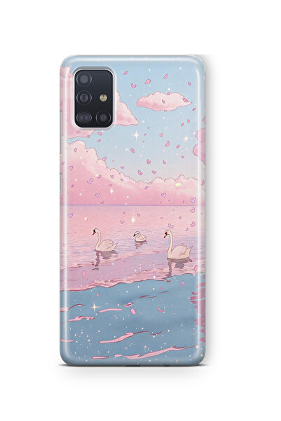 FLAMENKO Samsung Galaxy M51 Uyumlu Pembe Gökyüzü ve Kuğu Desenli Şeffaf Telef...
