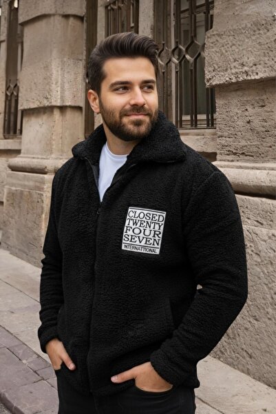 BİRBEYSTORE Plush Cardigan Unisex Model with Pockets Comfortable Fit Mock Neck Black